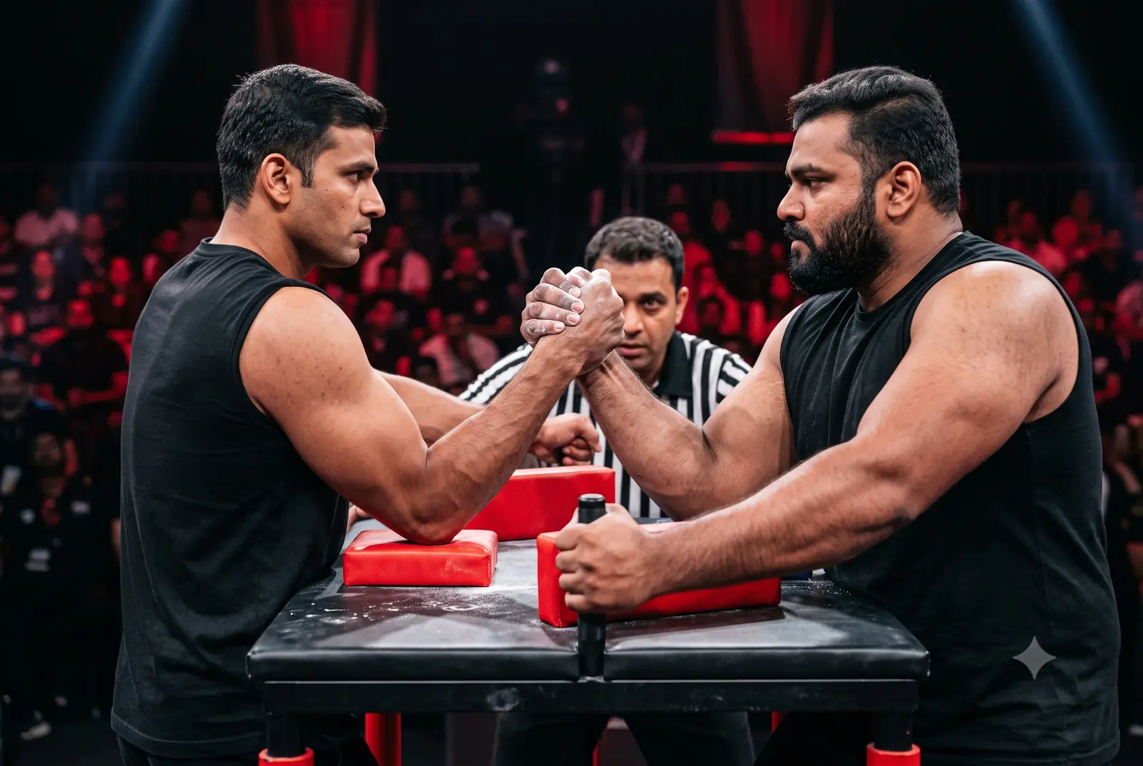 Two athletes arm wrestling while a referee watches