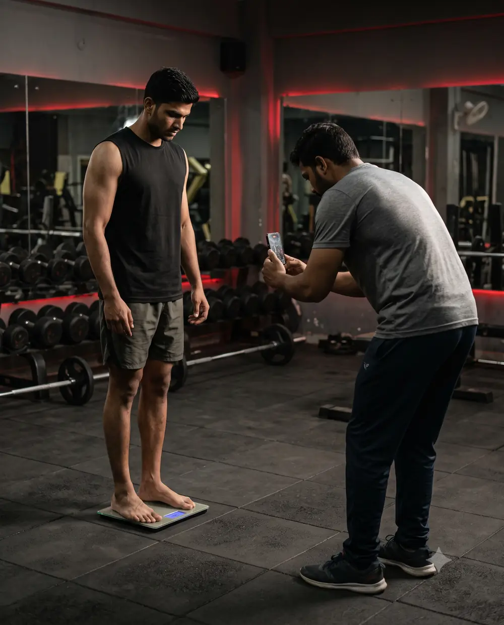 An athlete stands on a scale while another person films him